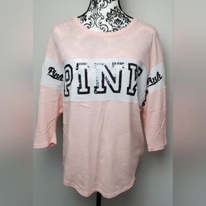 Victoria's Secret Pink Scoop Neck Shirt Tee Top White/Pink Bling XS